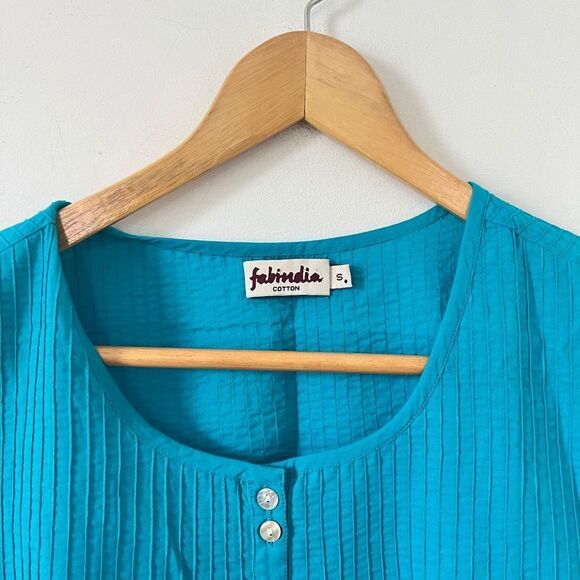 NWOT Fabindia Turquoise Blue Button Down Cap Sleeve 100% Cotton Shirt - Picture 6 of 6